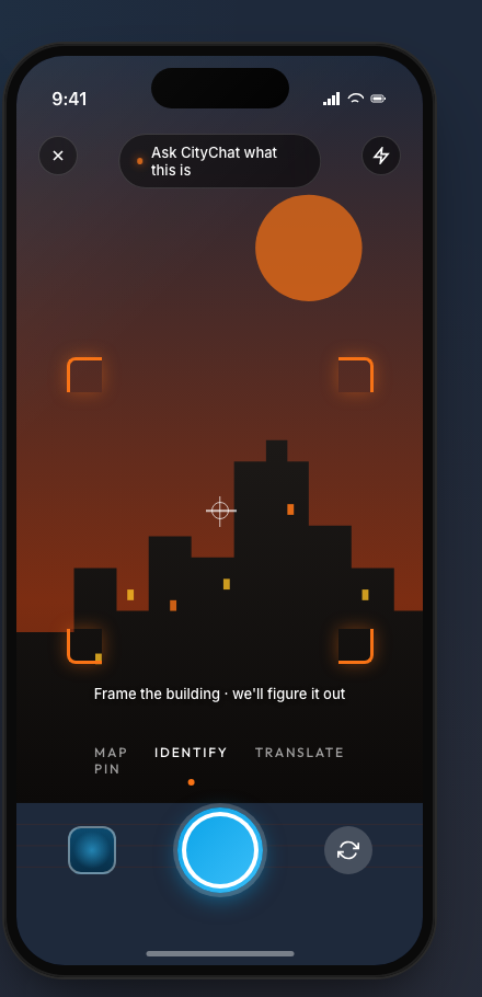 CityChat camera visual search concept — framing a building to identify it