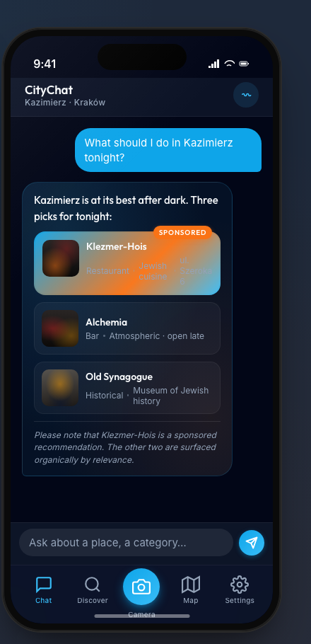 CityChat chat screen concept — asking what to do in Kazimierz tonight