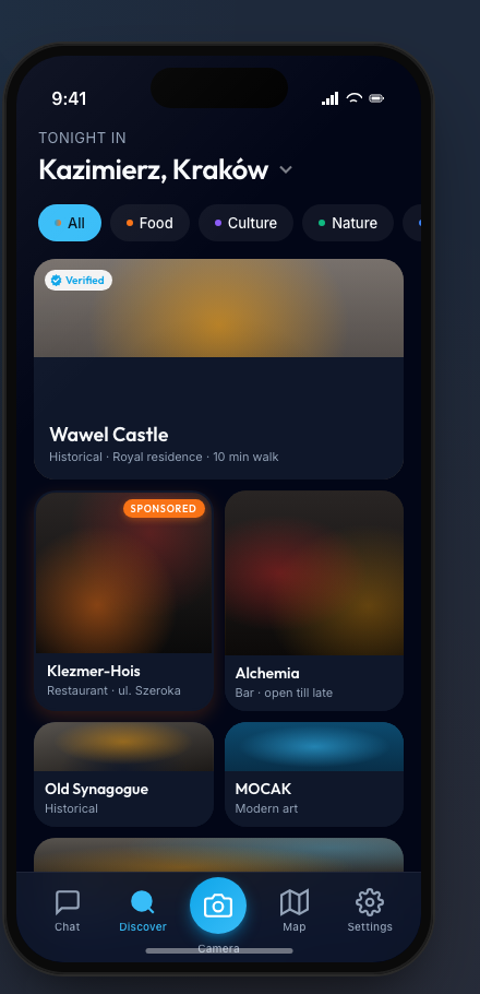CityChat discover screen concept — curated place cards by category