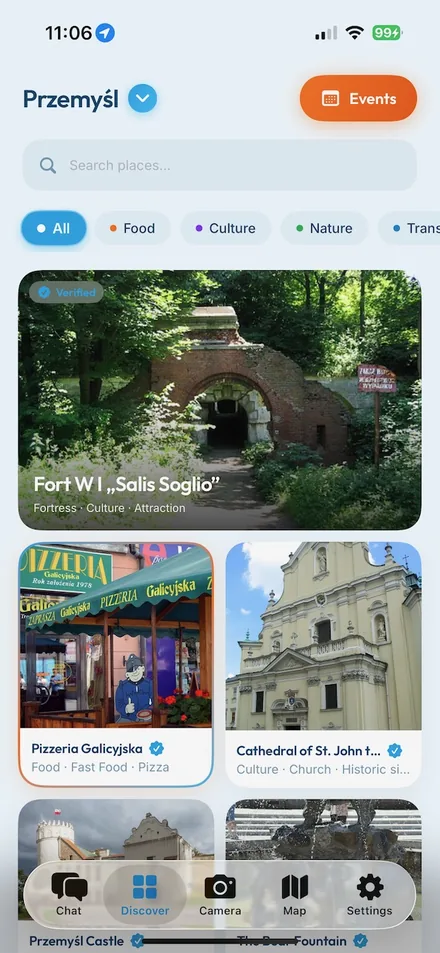 CityChat Discover screen — curated places in Przemyśl by category