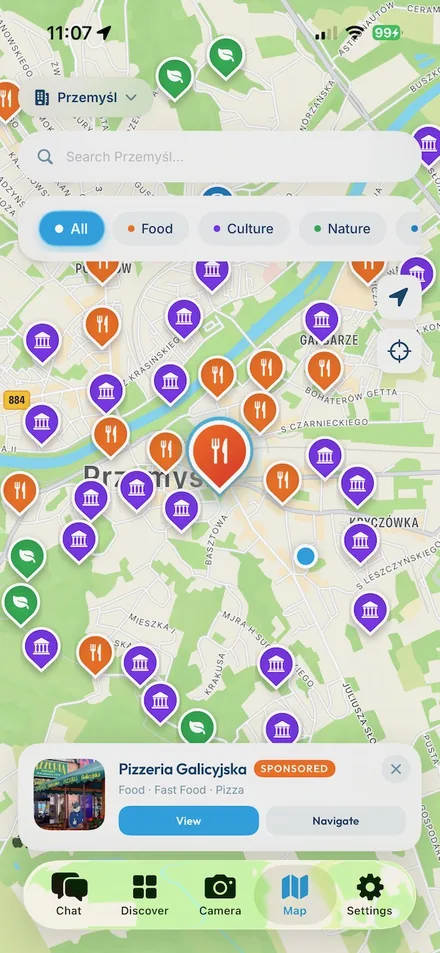 CityChat map — places in Przemyśl as pins with a place preview