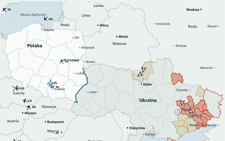 SanAlert schematic map of Poland and Ukraine with tracked objects and threatened areas